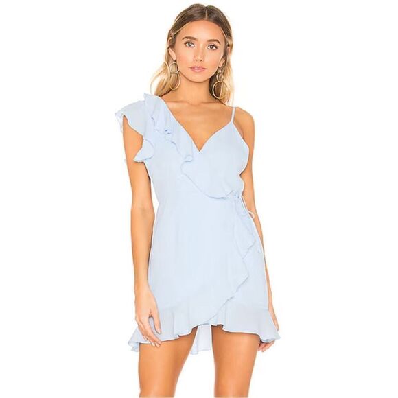 superdown Dresses & Skirts - Superdown Areanna Wrap Dress Women’s XS Baby Blue Ruffle Mini REVOLVE